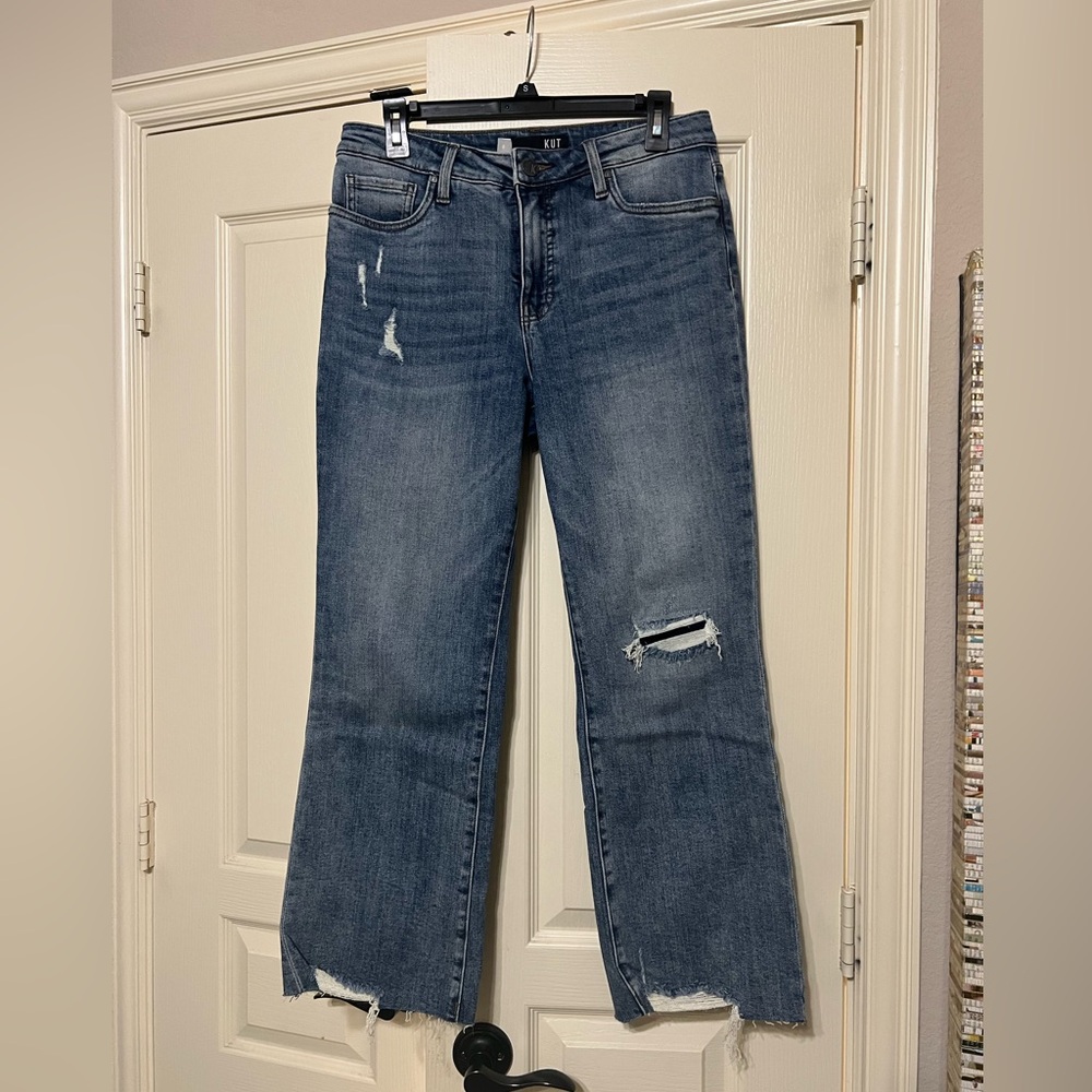 Kut from the Kloth High Rise Kelsey Mid-Blue Straight Leg Distressed Jeans 8